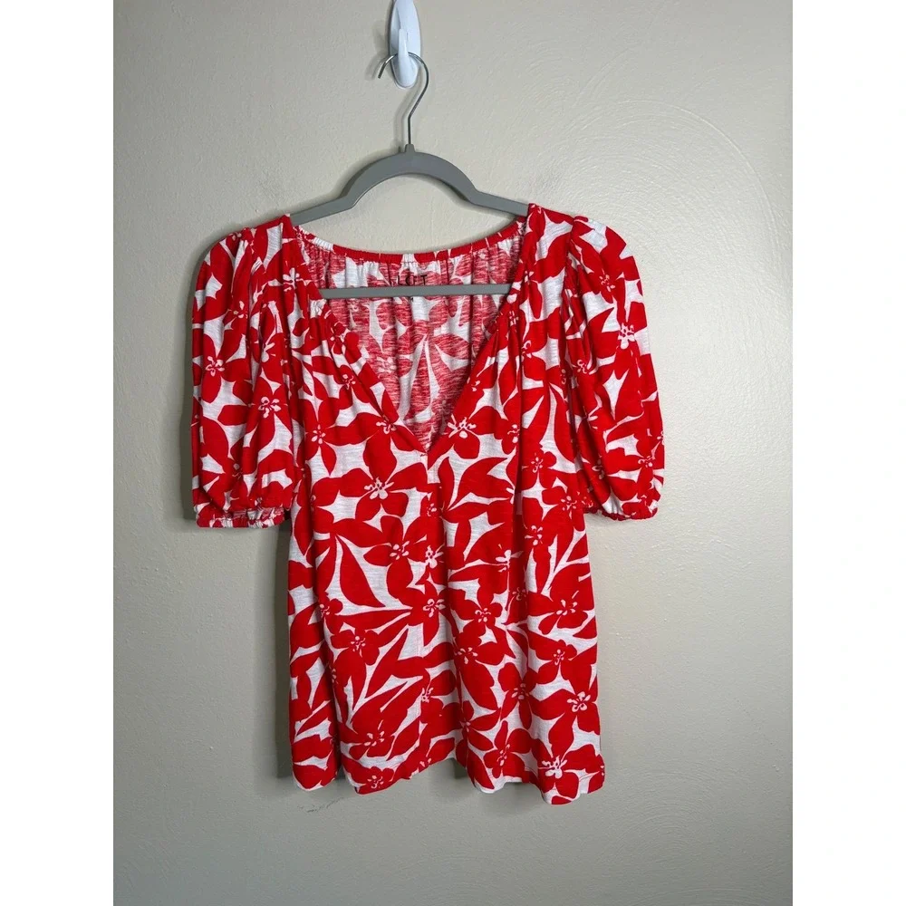 LOFT Floral Puff Sleeve Blouse Womens Medium Red White Cotton V-Neck Top Boho